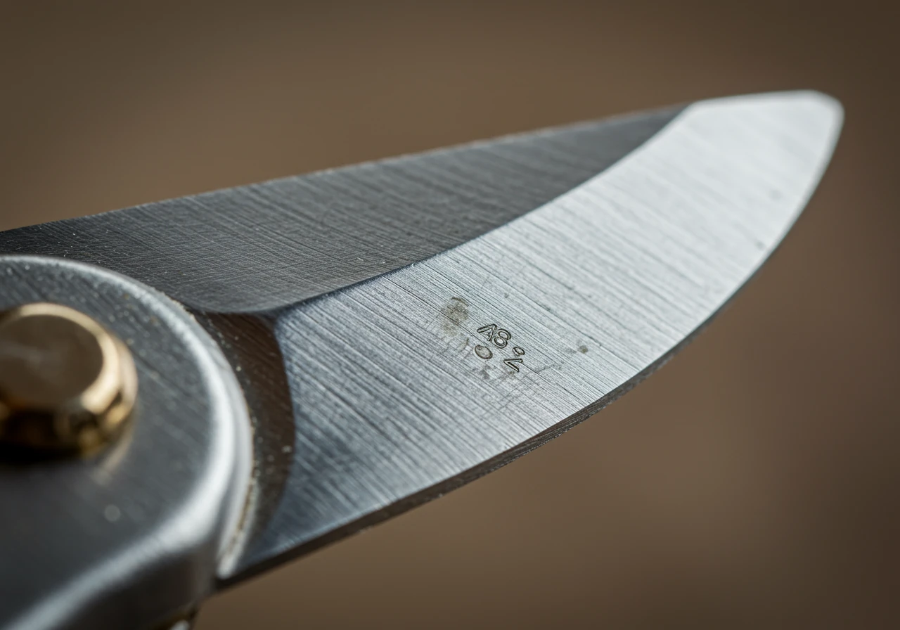 A close-up, angled photograph focusing intently on the clean, gleaming, and visibly sharp cutting edge of a garden tool, such as bypass pruners or a shovel blade, after sharpening and oiling. The metal reflects light cleanly, highlighting the well-maintained edge. The background is softly blurred to keep the focus entirely on the sharpened blade.