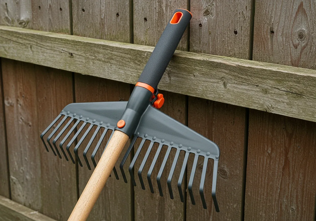 A detailed close-up shot focusing on the head and upper handle of an ergonomic leaf rake resting against a pile of dry leaves. Highlight the curved S-shaped aluminum handle, the cushioned grip section, and the clean tines. Shallow depth of field emphasizes the tool's design.