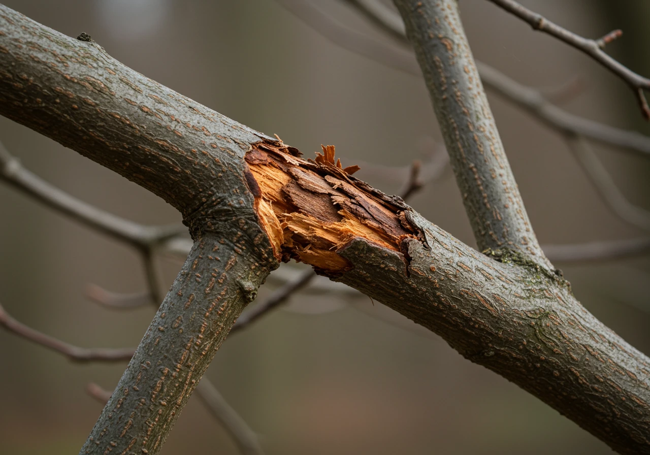 A detailed close-up image clearly showing two leafless deciduous tree branches intersecting and rubbing against each other. The focus should be on the point of contact, highlighting the visibly worn or damaged bark caused by the friction, illustrating the 'Crossing or Rubbing Branches' issue.