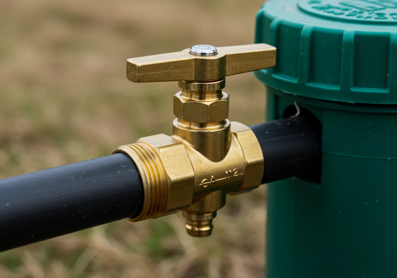 A close-up photograph illustrating the connection point used for the compressed air blowout process, without showing the compressor itself or any people. The image focuses sharply on a brass quick-connect fitting or threaded adapter installed onto an irrigation pipe (PVC or poly), ready for an air hose attachment. The background shows dormant grass or soil, softly blurred.