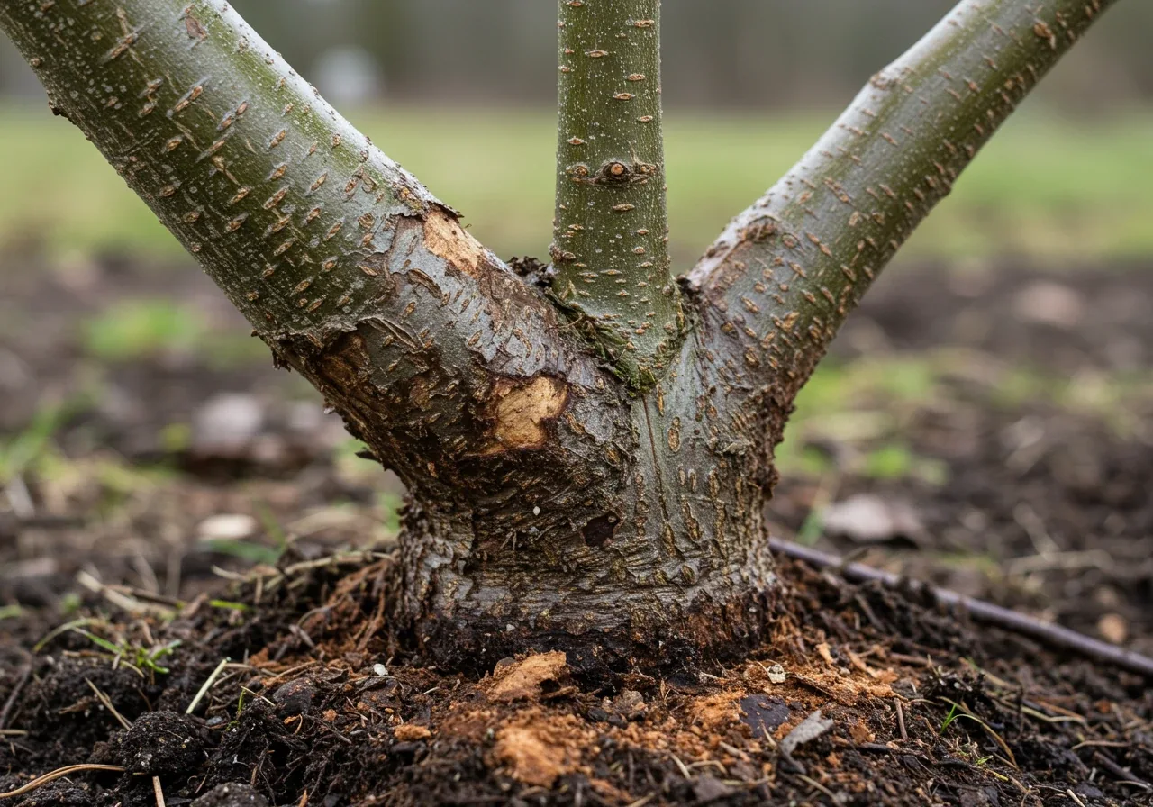 A close-up photograph illustrating vole damage at the base of a young deciduous shrub or tree. The image should clearly show gnaw marks and areas where bark has been chewed away near the soil line, representing the 'critter damage' mentioned in the text.