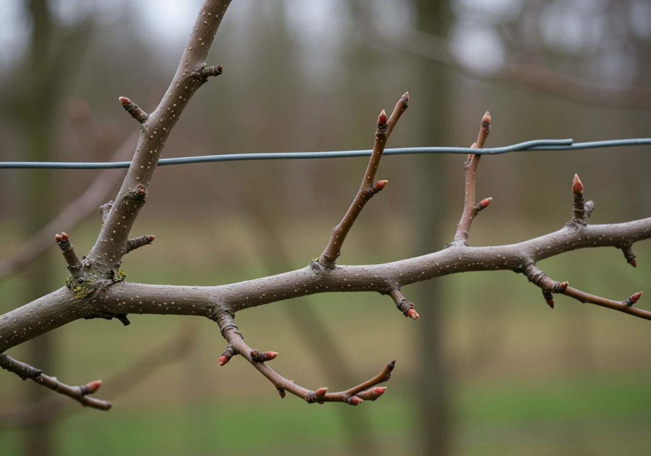 A close-up image focusing on a section of a dormant, pruned espalier branch structure. This should clearly illustrate the result of 'Step 4: Refine the Framework', showing shortened lateral shoots cut back to a few buds, emphasizing the structural goal of fall pruning and the creation of fruiting spurs.