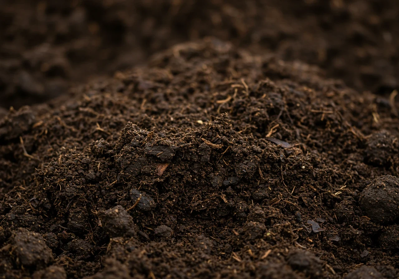A visually rich close-up of high-quality, dark, crumbly compost, showcasing its varied organic texture which contrasts with the dense clay it aims to improve. Could include small identifiable decomposed matter like leaf fragments.