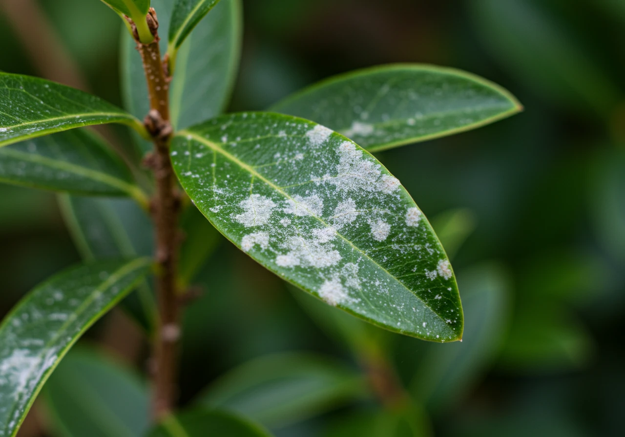 A detailed close-up photograph focusing on a shrub branch exhibiting clear signs of a common plant disease, such as powdery mildew (white coating on leaves) or black spot. This image would visually reinforce the benefit of removing diseased parts for plant health, as mentioned in the text.