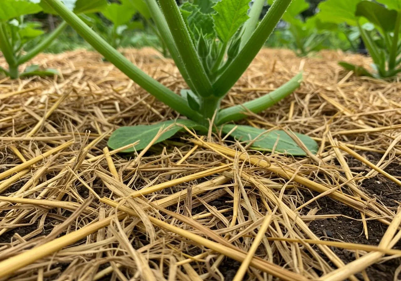 Detailed image focusing on a thick layer of straw mulch in a vegetable garden. The mulch should be clean, golden straw, applied generously (2-3 inches deep) around the base of young, vibrant zucchini plants with large green leaves. The texture of the straw should be clearly visible. The underlying clay soil is completely covered by the mulch. The image conveys protection and moisture retention.