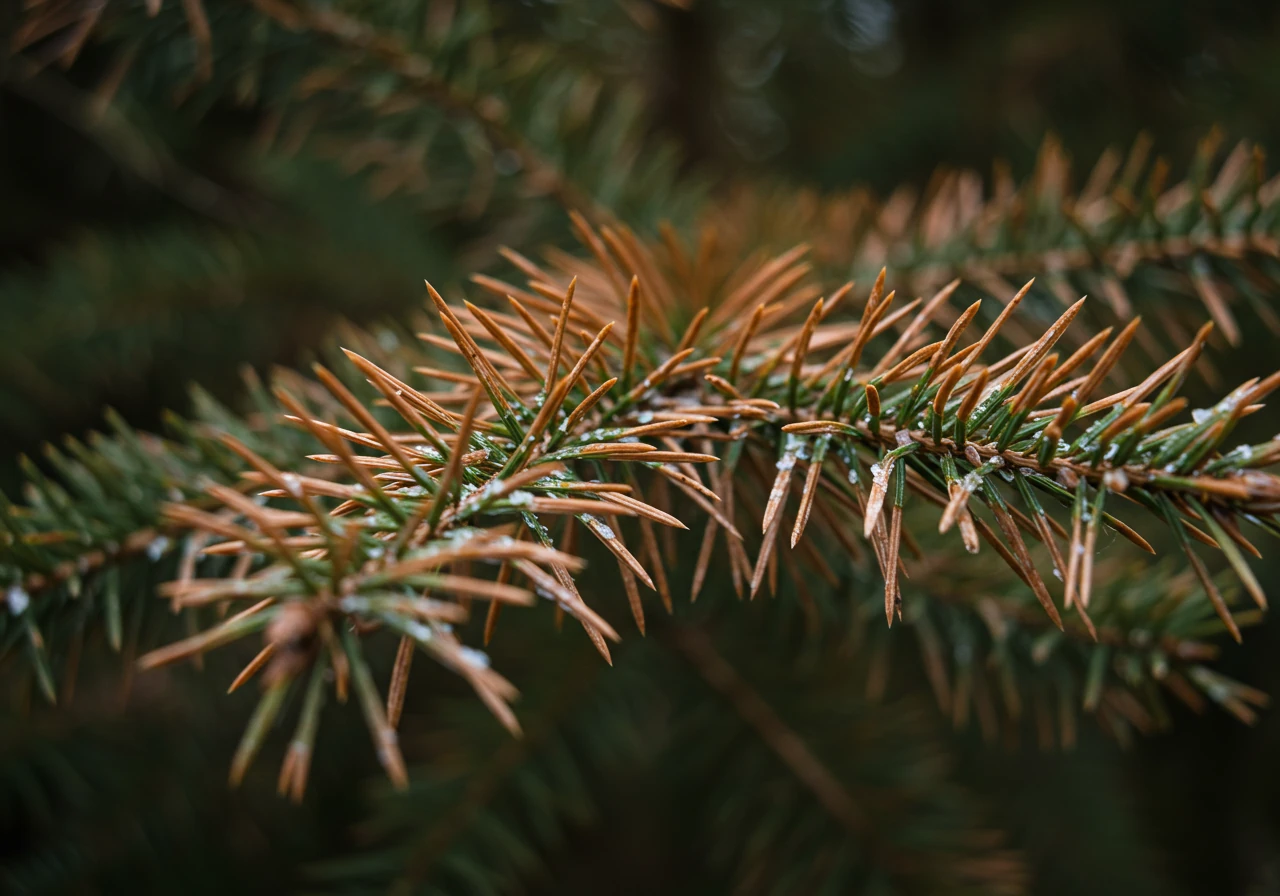A close-up photograph illustrating salt burn damage on an evergreen shrub. The image should clearly show the contrast between the healthy green needles and the brown, desiccated needles on the side of the plant typically exposed to road salt spray, highlighting this specific type of winter damage mentioned in the 'Salt Burn Blues' checklist item.