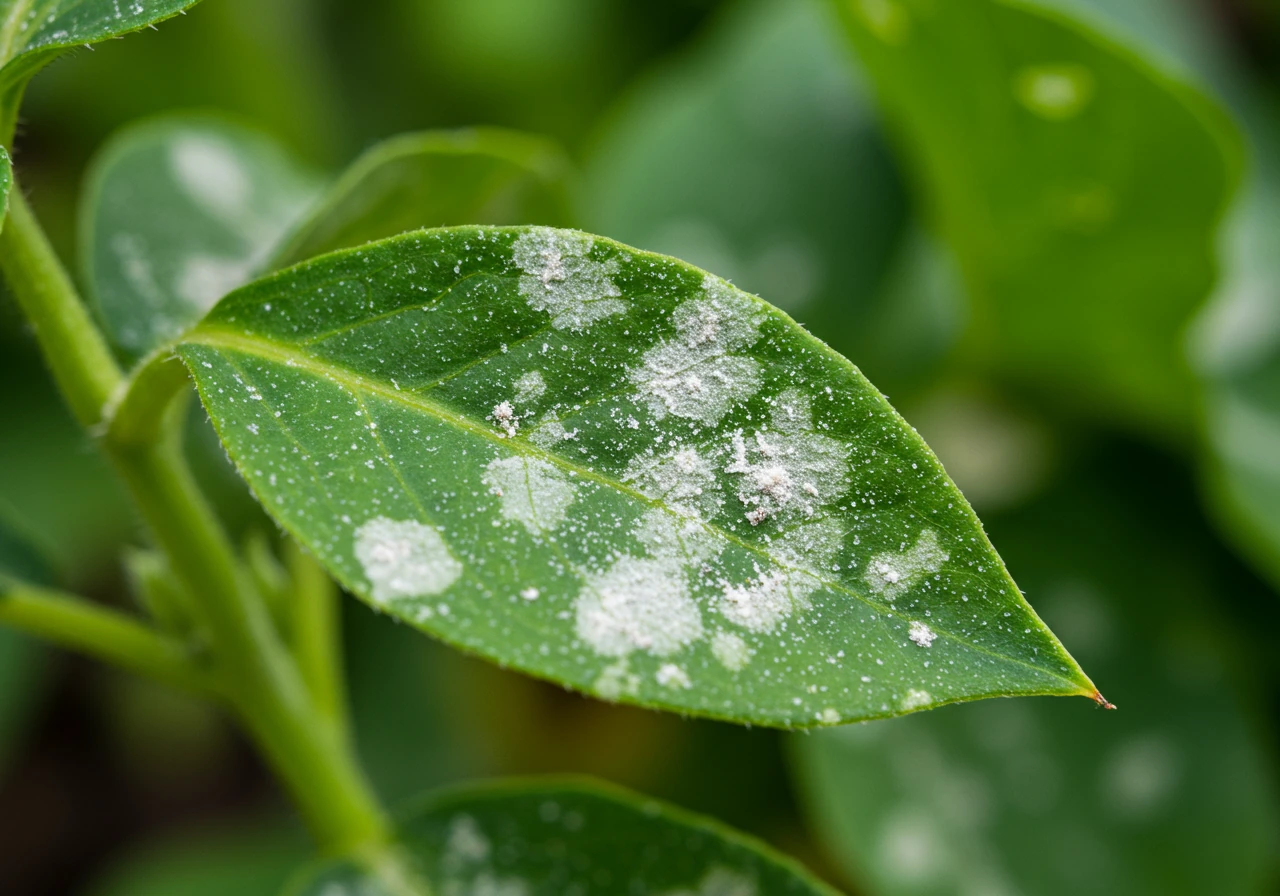 A detailed, sharp close-up (macro) image of a vibrant green leaf (perhaps from a squash plant, phlox, or bee balm) clearly showing the characteristic dusty white patches of powdery mildew fungus spreading across its surface. The background should be softly blurred green foliage to keep the focus entirely on the diseased leaf.