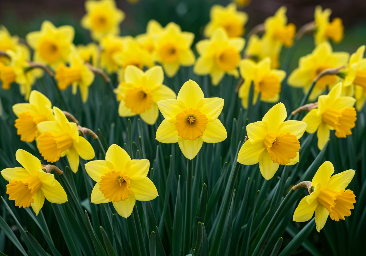 An eye-level shot displaying a cheerful cluster of Daffodils (Narcissus) blooming in early spring. This image highlights a key rabbit-resistant bulb choice mentioned in the text, associating resistance with attractive spring color.