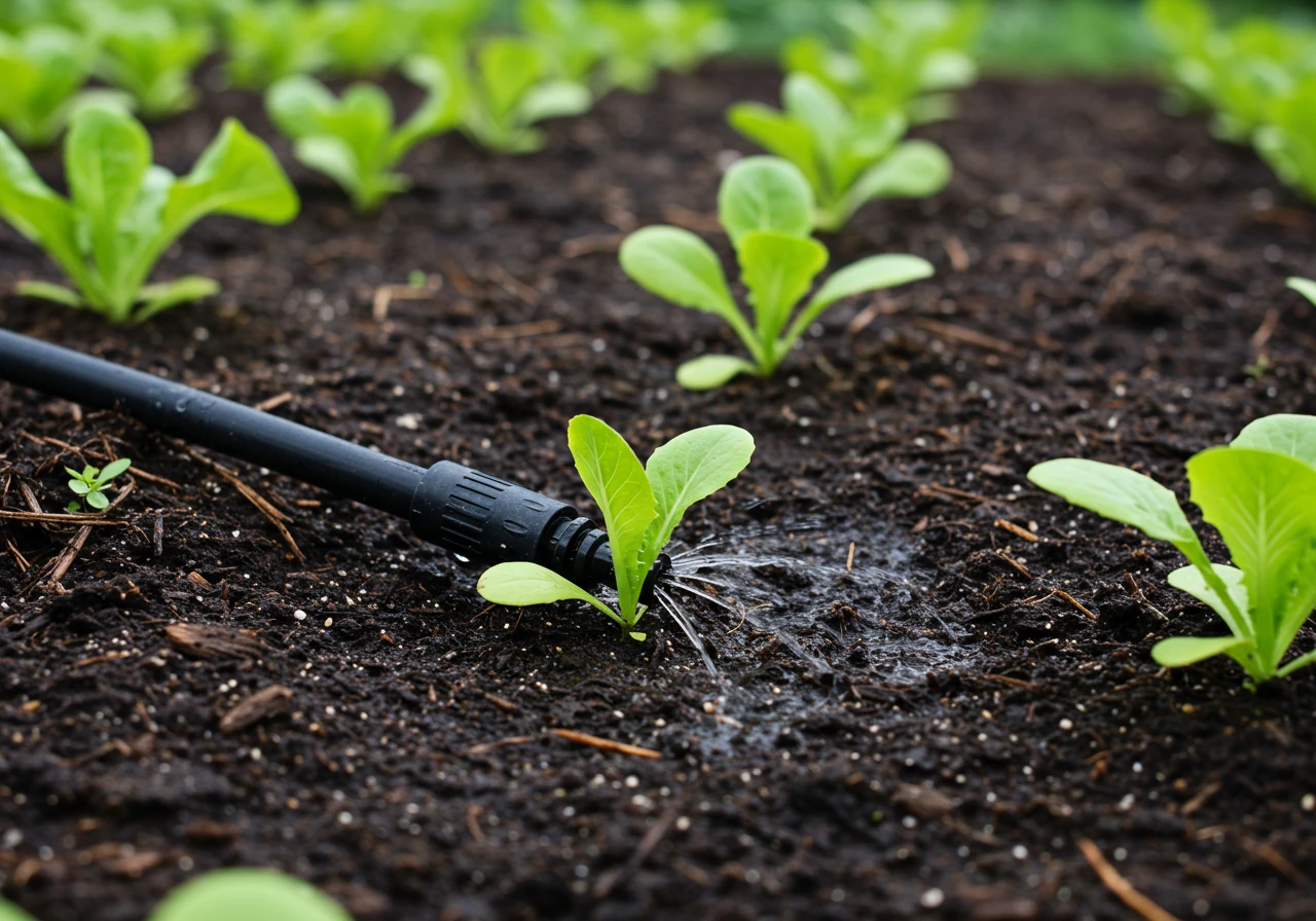 Illustrate smart watering with a focused image of a soaker hose or drip irrigation system in action. Show the black tubing laid neatly at the base of several healthy young vegetable plants (like lettuce or peas) in a garden bed, with water slowly darkening the soil/mulch directly around the root zone.