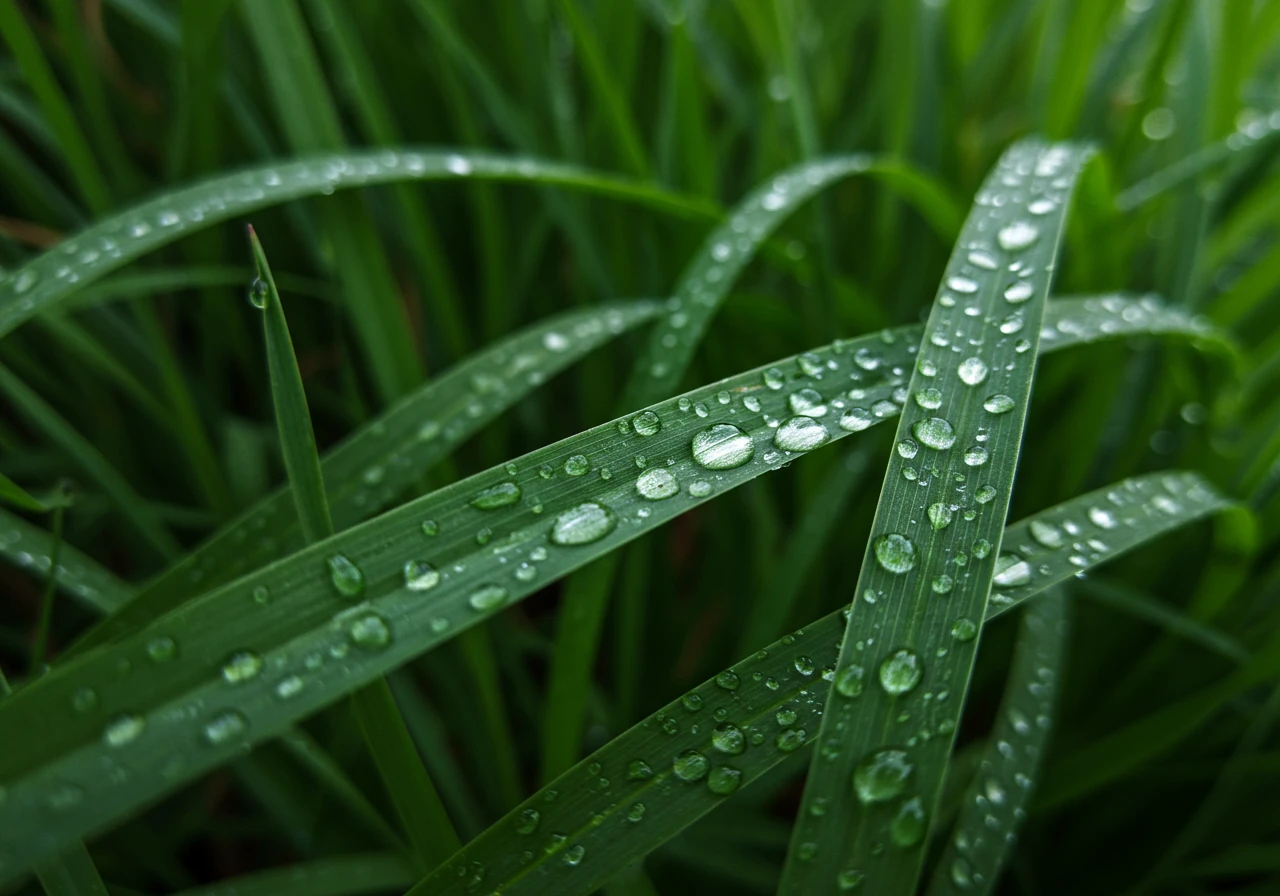 A close-up shot highlighting the specific texture and appearance of healthy Tall Fescue grass blades, known for their resilience in clay soil, perhaps glistening with morning dew.