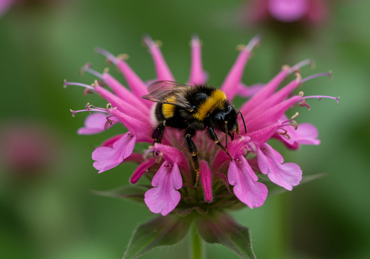 A detailed close-up photograph capturing a fuzzy bumblebee actively gathering pollen from a vibrant purple Bee Balm (Monarda) flower. The focus is sharp on the bee and flower, with a soft, blurred background of green foliage suggesting a garden setting. Morning sunlight highlights the textures of the bee's fur and the flower petals.