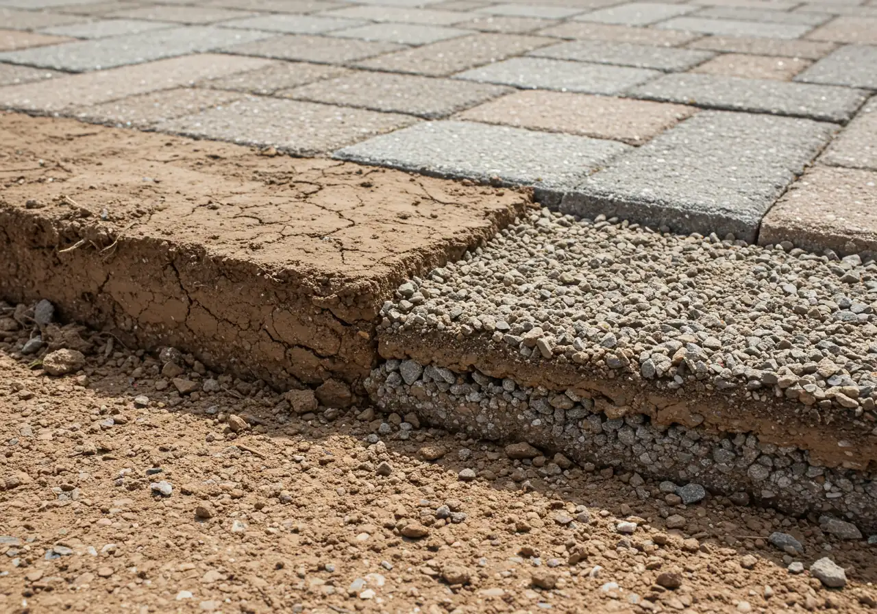 A close-up, detailed photograph illustrating the challenge of Barrhaven clay soil next to a properly constructed patio base. The image shows the distinct contrast between heavy, slightly cracked, dense clay soil and the clean edge of a patio installation featuring layers of compacted drainage gravel (aggregate) visible beneath the first course of pavers. This visually explains the importance of base preparation and drainage discussed in the text. Natural daylight illuminates the textures.