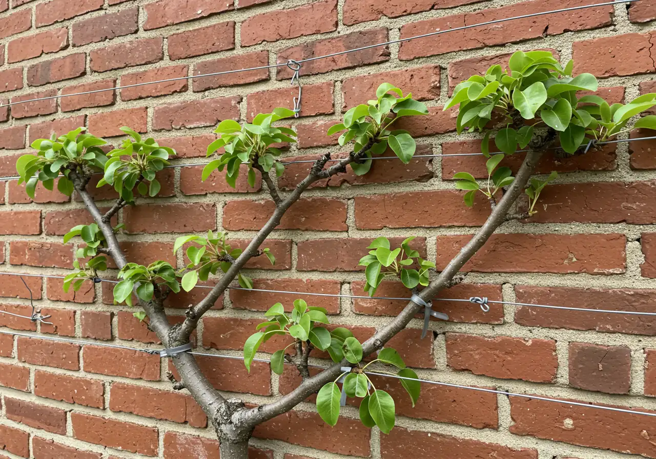 A clear, close-up view detailing the structure of an espalier pear tree trained in a fan pattern against a warm brick wall. The focus is on how the young, flexible branches are carefully tied to the support wires using soft ties, showcasing the training technique itself. Shows healthy green leaves and maybe a few small developing pears.