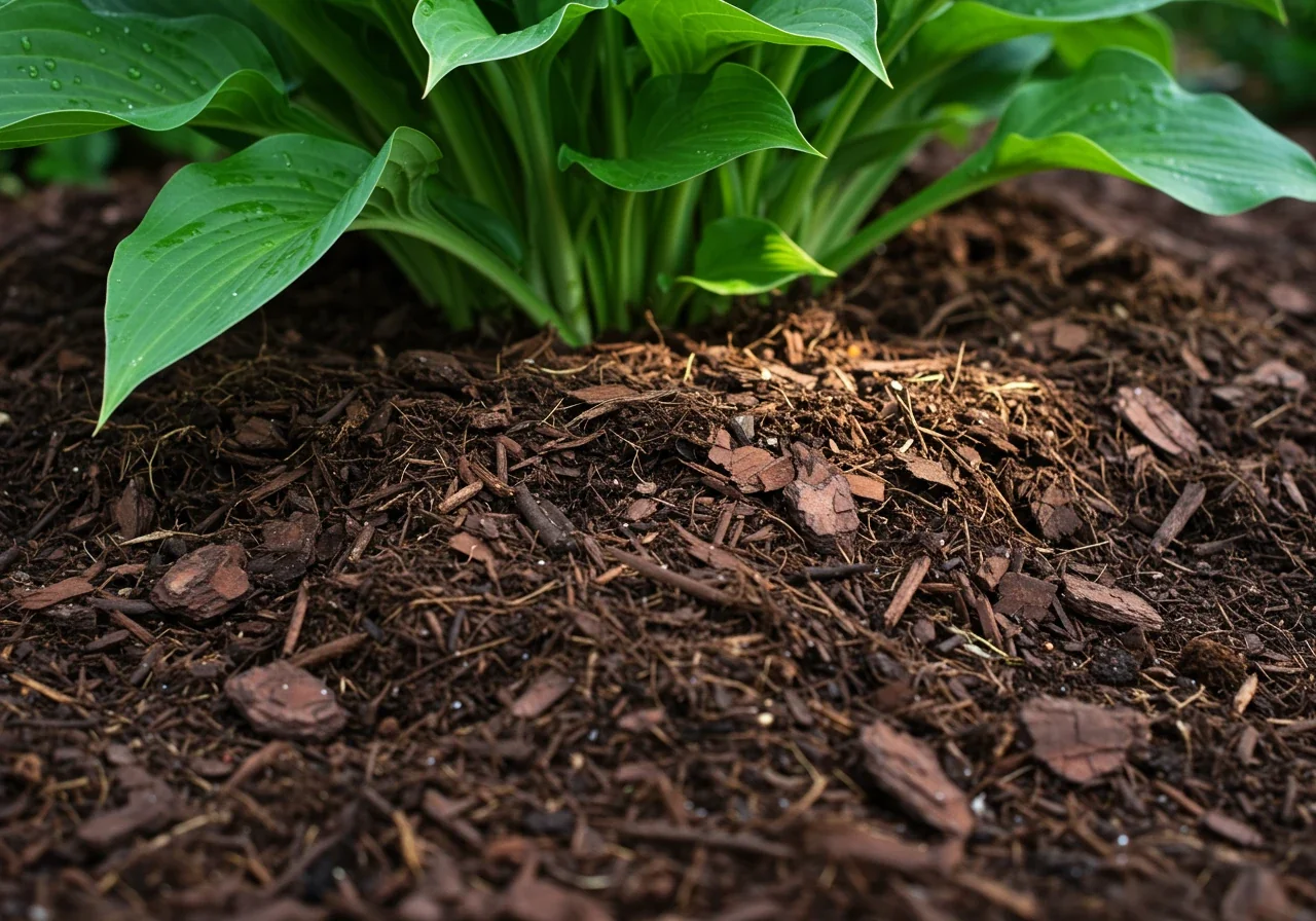 A close-up, ground-level shot demonstrating the benefit of mulch. The image should clearly show a thick (2-3 inch) layer of dark brown shredded bark mulch covering the soil around the base of a healthy, green hosta or similar leafy plant. Droplets of moisture should be visible on the soil surface just beneath the mulch layer, indicating moisture retention.