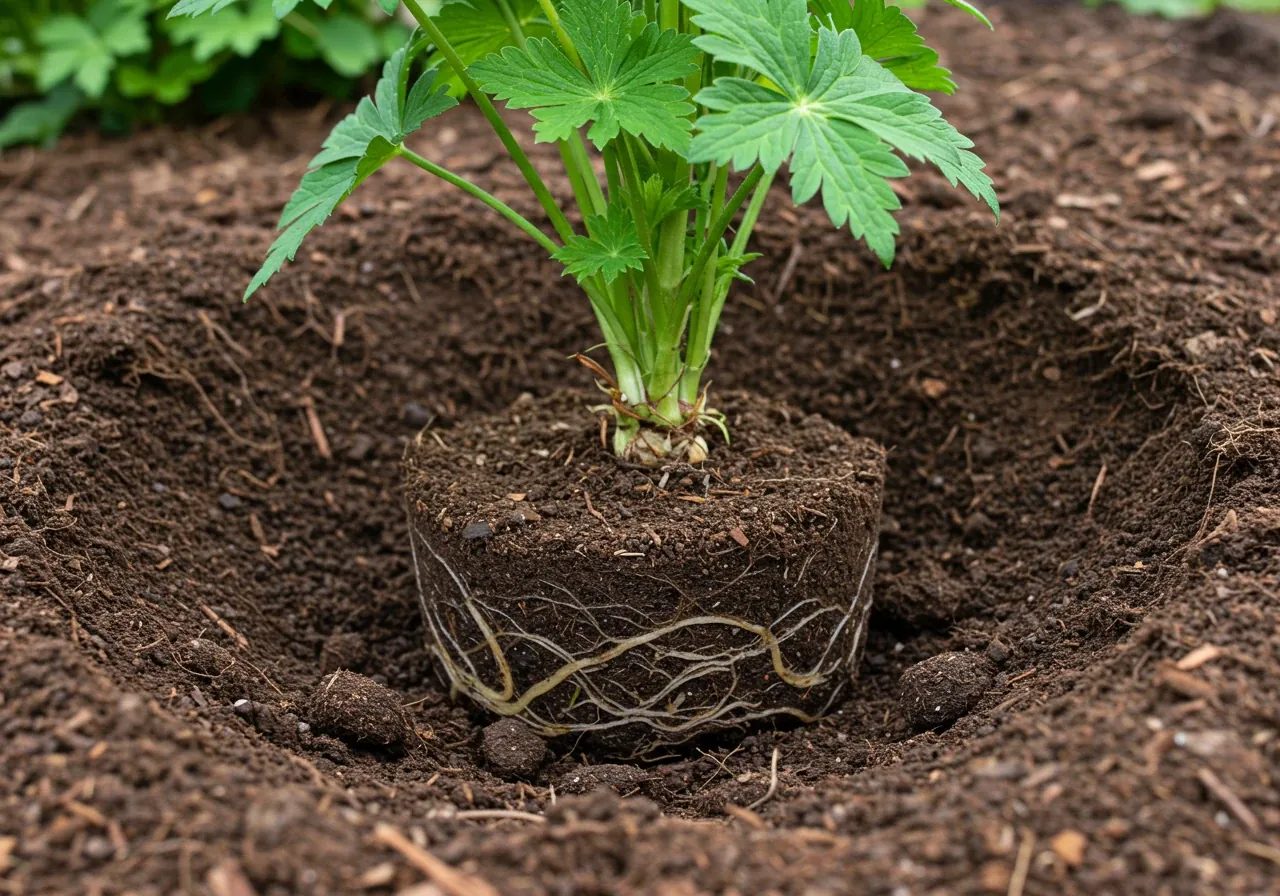 A clear, eye-level close-up demonstrating the 'planting high' technique. Shows the base of a newly planted native perennial (e.g., Wild Geranium or a small Aster) where the top surface of its root ball is intentionally positioned about an inch above the surrounding amended garden soil (visibly mixed darker compost and clay). A layer of natural mulch surrounds the base but is kept away from the plant stem.