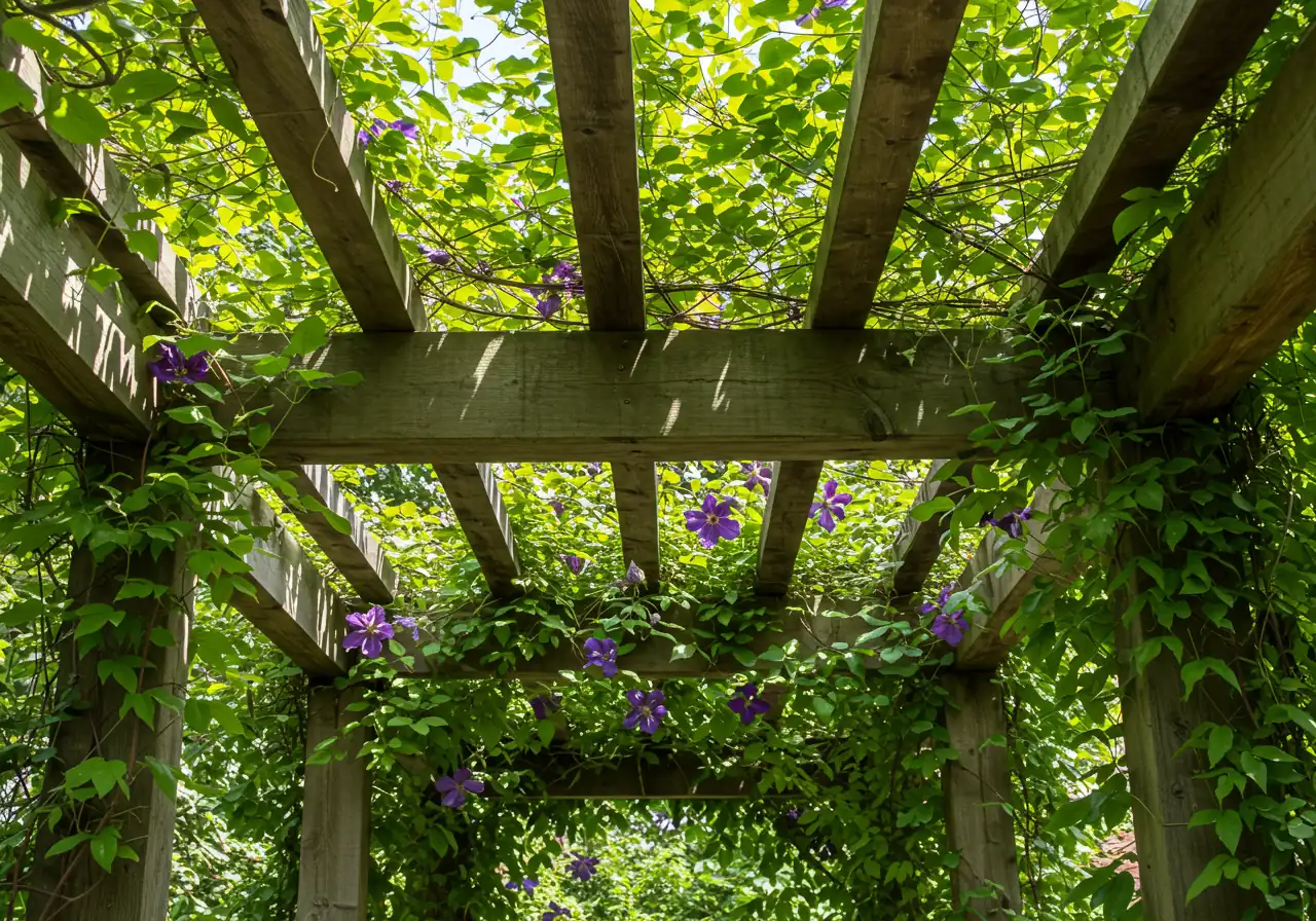 A close-up view looking up through the top structure of a pergola beautifully intertwined with climbing plants, such as flowering Clematis or lush vines. Sunlight should filter through the leaves, emphasizing the natural cooling and beauty plants add.