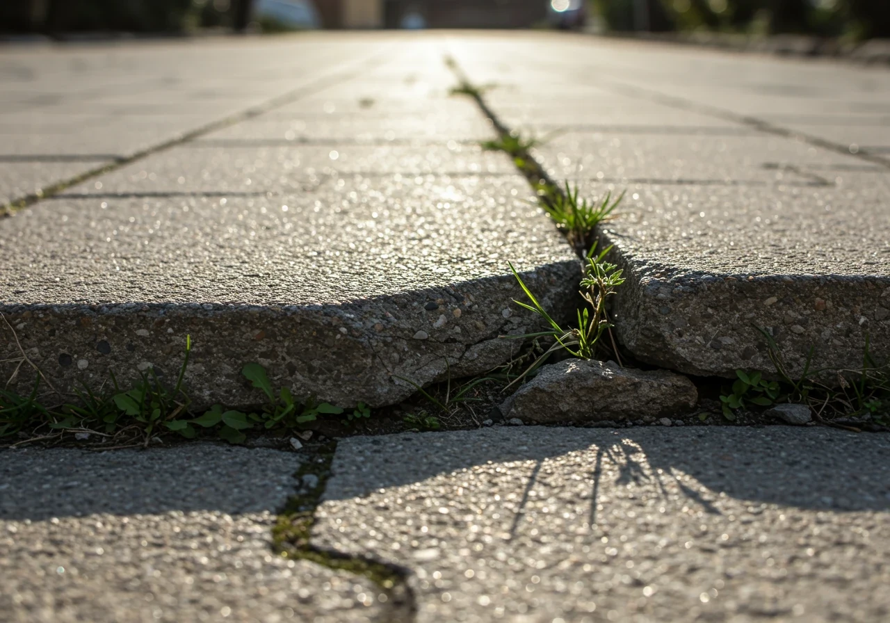 A ground-level, close-up shot focusing on a section of concrete walkway. One concrete slab is visibly lifted and uneven compared to the adjacent slab, creating a pronounced lip and obvious tripping hazard. Minor cracks and perhaps a few small weeds in the joints emphasize the lack of maintenance.