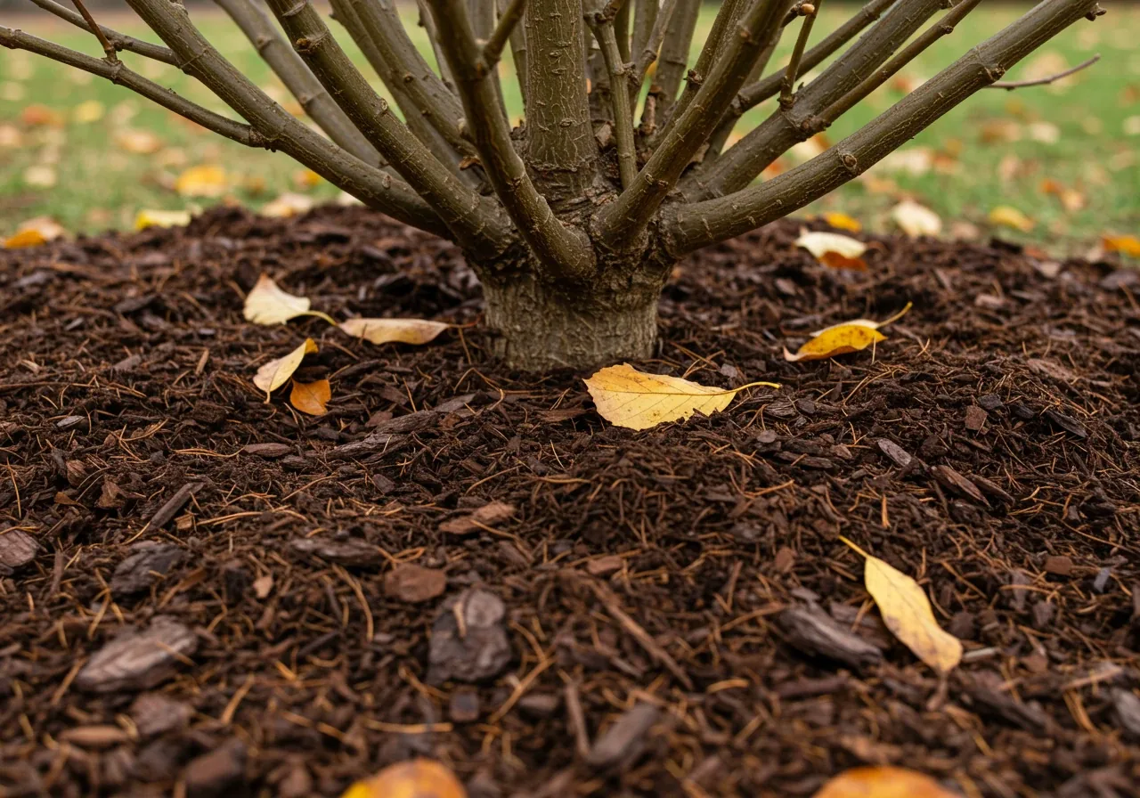 Close-up of the base of a recently pruned shrub surrounded by a neat ring of fresh dark organic mulch, pulled back slightly from the stems.