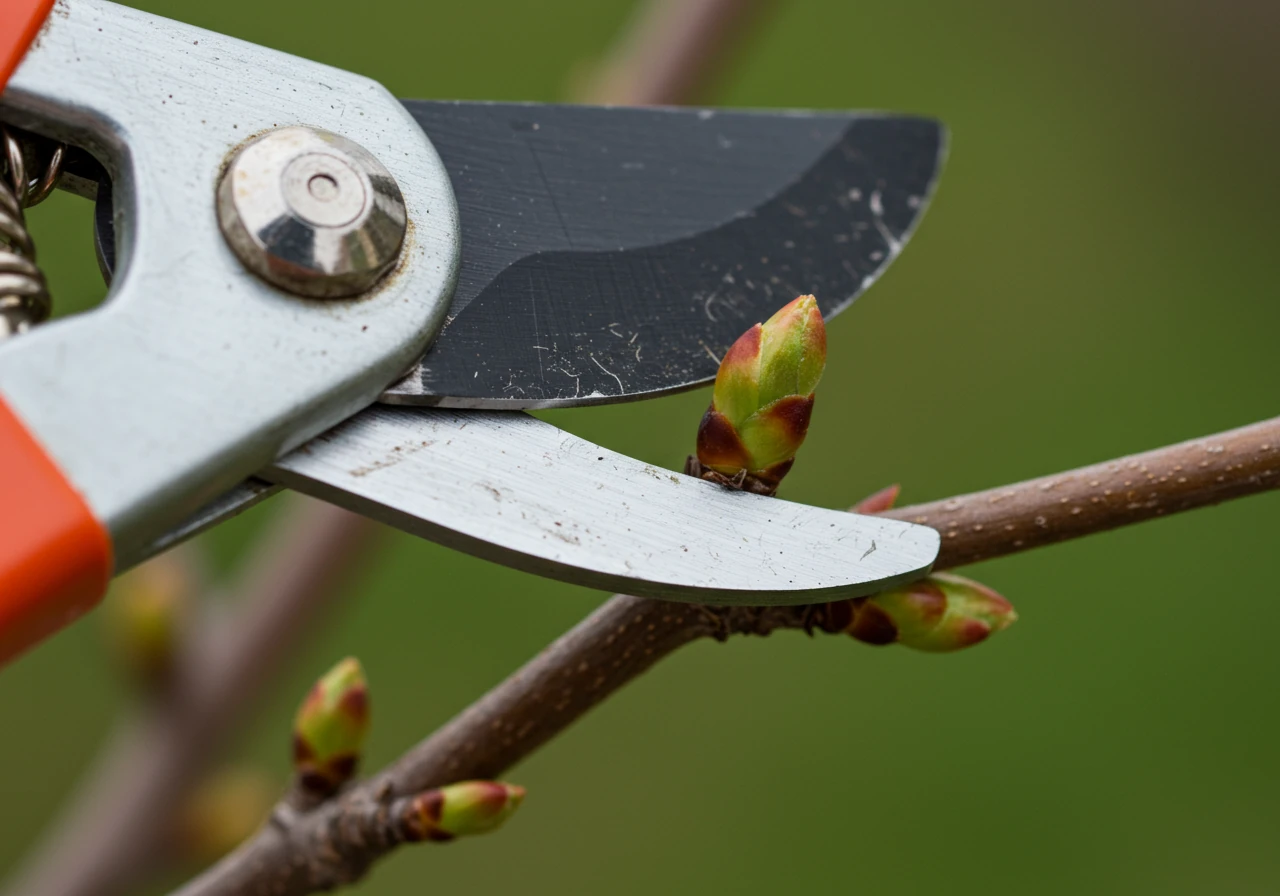 A detailed close-up (macro) photograph demonstrating the correct pruning technique. It shows sharp bypass pruner blades making a clean, slightly angled cut just above (about 1/4 inch) a healthy, swelling, outward-facing bud on a woody shrub stem. The focus is sharp on the cut, bud, and blade, with a softly blurred garden background.