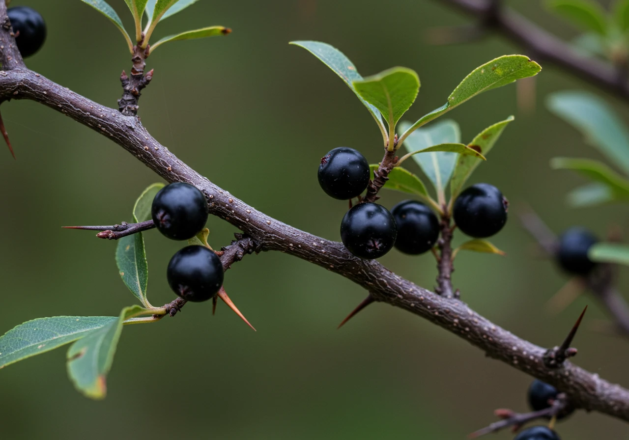 A detailed close-up photograph focusing specifically on the invasive Common Buckthorn plant. The image should clearly show its characteristic dark, rough bark, thorny branches, and clusters of small, dark berries against its green leaves. This illustrates the specific 'Buckthorn Bully' challenge discussed.