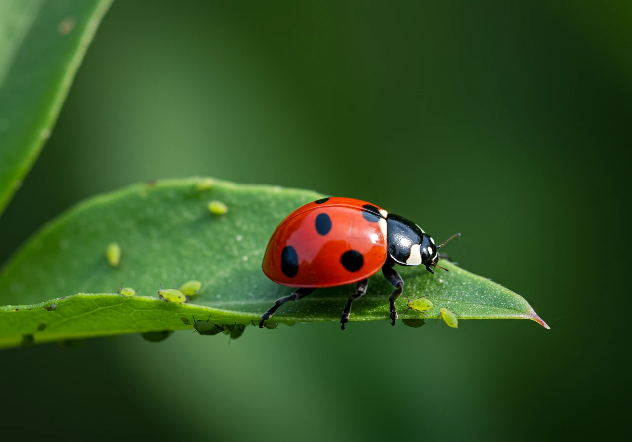 A vibrant macro photograph highlighting the 'Bring in the Good Guys' concept. The image should feature a single, bright red ladybug crawling on a lush green leaf. A few tiny aphids could be subtly visible nearby on the leaf to suggest the predatory relationship. The focus should be sharp on the ladybug, with a softly blurred background, illustrating beneficial insects at work.