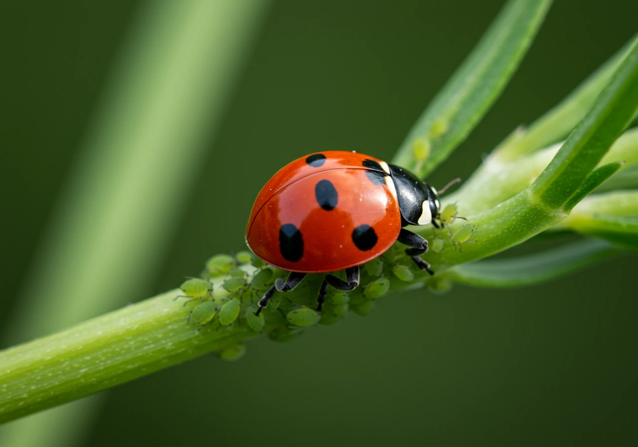 A close-up image focusing on a bright red ladybug crawling on a green leaf that has a small cluster of tiny green aphids nearby. This visual represents biological control, a key component of IPM.
