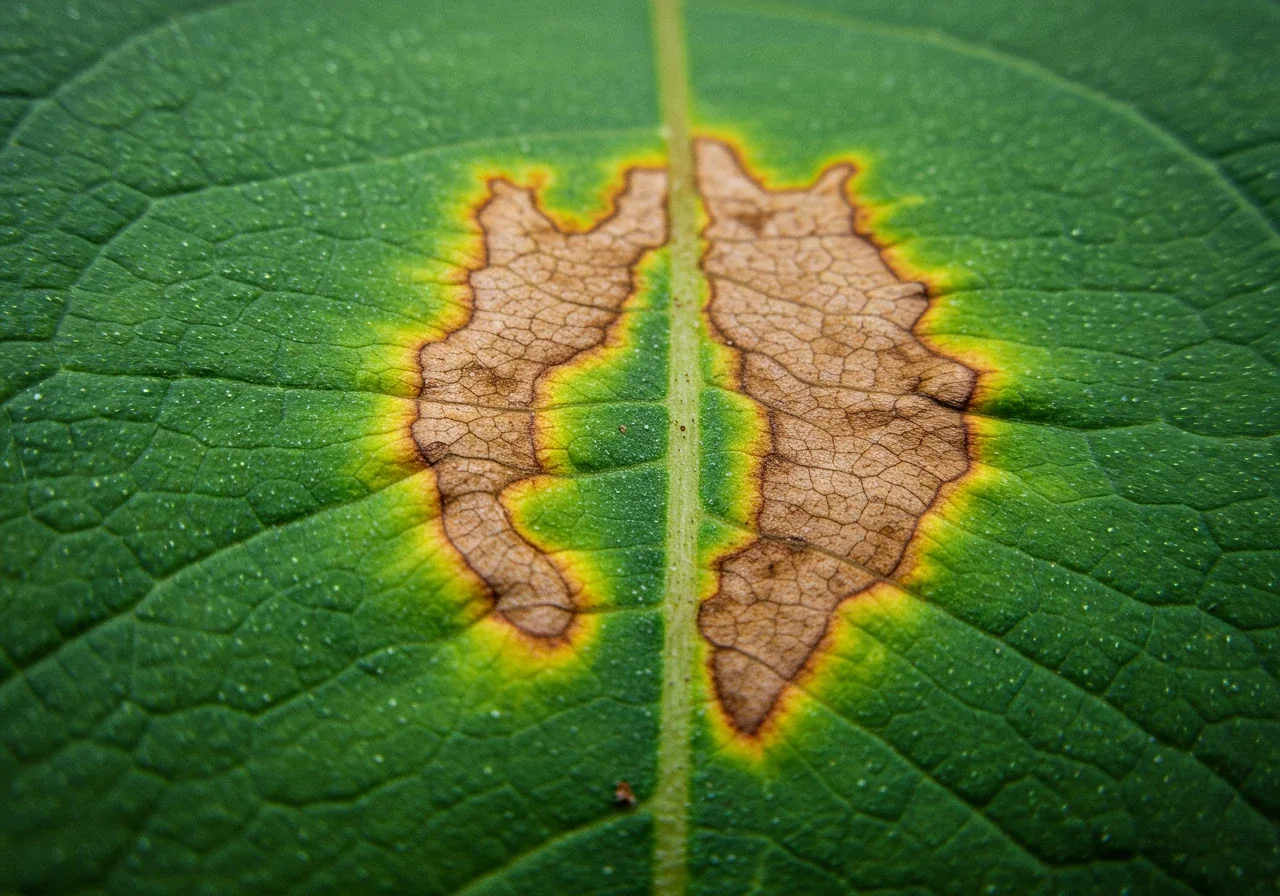 A highly detailed macro shot of a single plant leaf exhibiting common early warning signs of stress. The image should clearly show subtle yellowing between the leaf veins (chlorosis) and slight browning or crispiness along one edge, illustrating the visual cues mentioned in the 'Leaf Lookout' point.
