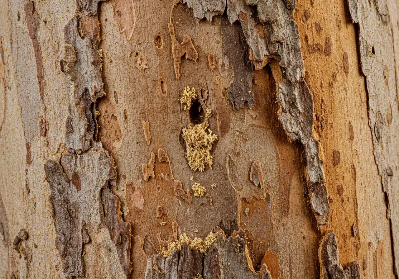 A close-up, detailed photograph focusing on the bark of a mature tree trunk. The image should clearly show some potential issues mentioned in the text, such as peeling bark (beyond normal shedding for species like birch) or small insect holes/sawdust trails, suggesting the need for inspection. No specific pests visible, just the signs.
