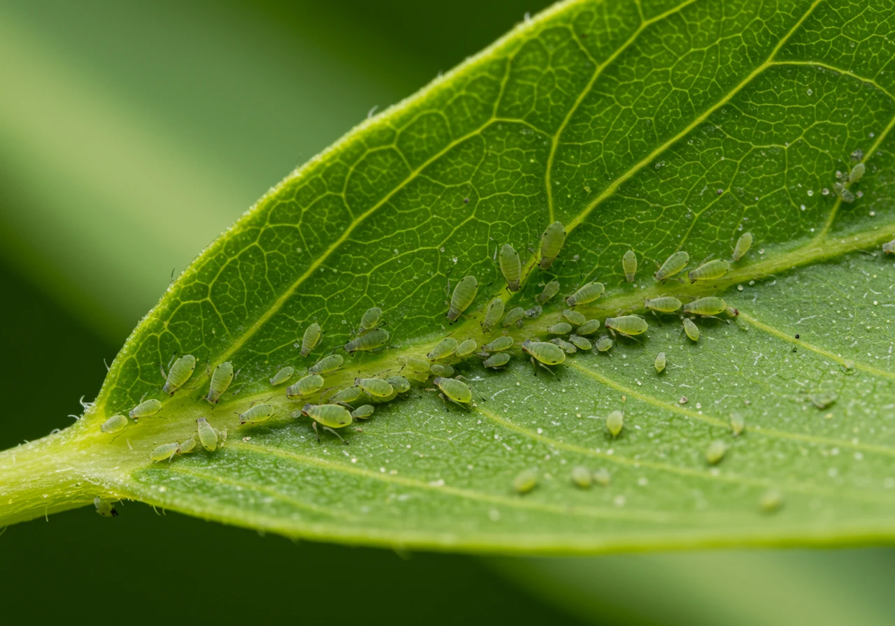 An extreme close-up, macro photograph focusing tightly on a single plant leaf exhibiting subtle signs of a potential issue, such as tiny spots, slight discoloration, or the presence of very small aphid insects. The focus should be sharp on the symptoms, blurring the background.