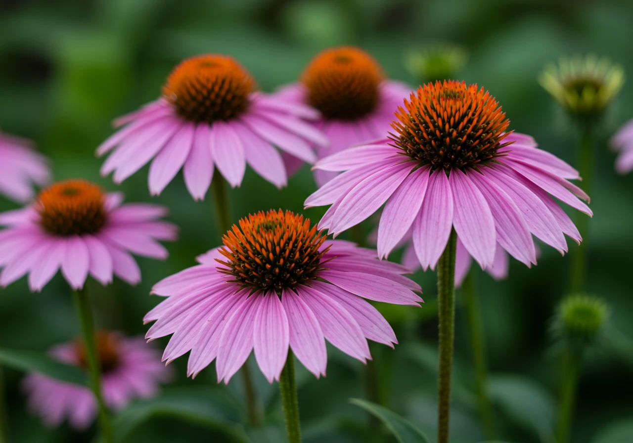A detailed close-up photograph focusing specifically on a cluster of Coneflowers (Echinacea) mentioned as a key plant. The image should highlight the vibrant colour (e.g., purple or pink) and distinct shape of the flower heads, showcasing their beauty and health. A blurred background of green foliage suggests a garden setting.