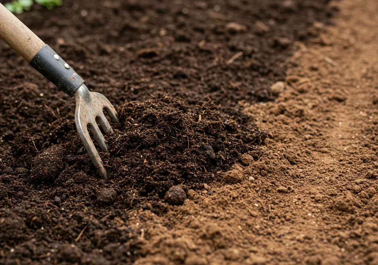 A visually clear image showing dark, crumbly compost being gently incorporated into lighter-toned, denser clay soil within a garden bed. A garden fork rests nearby, partially sunk into the soil, suggesting the work being done without showing a person. Focus on the contrast and texture of the two soil types mixing.