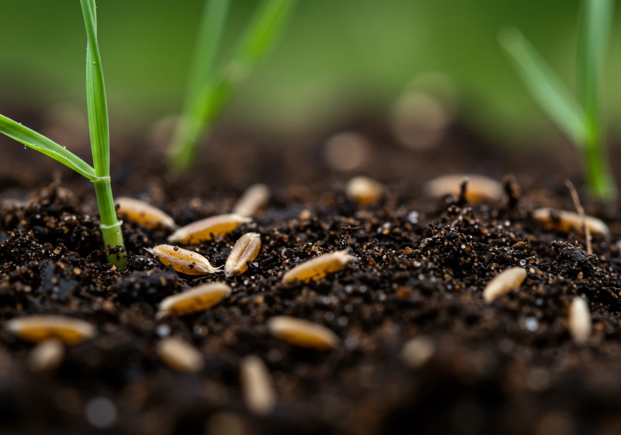 A macro photograph emphasizing the critical seed-to-soil contact needed for germination. It should show grass seeds nestled amongst dark soil particles and perhaps fine compost, ready for watering. Some seeds might be slightly covered.