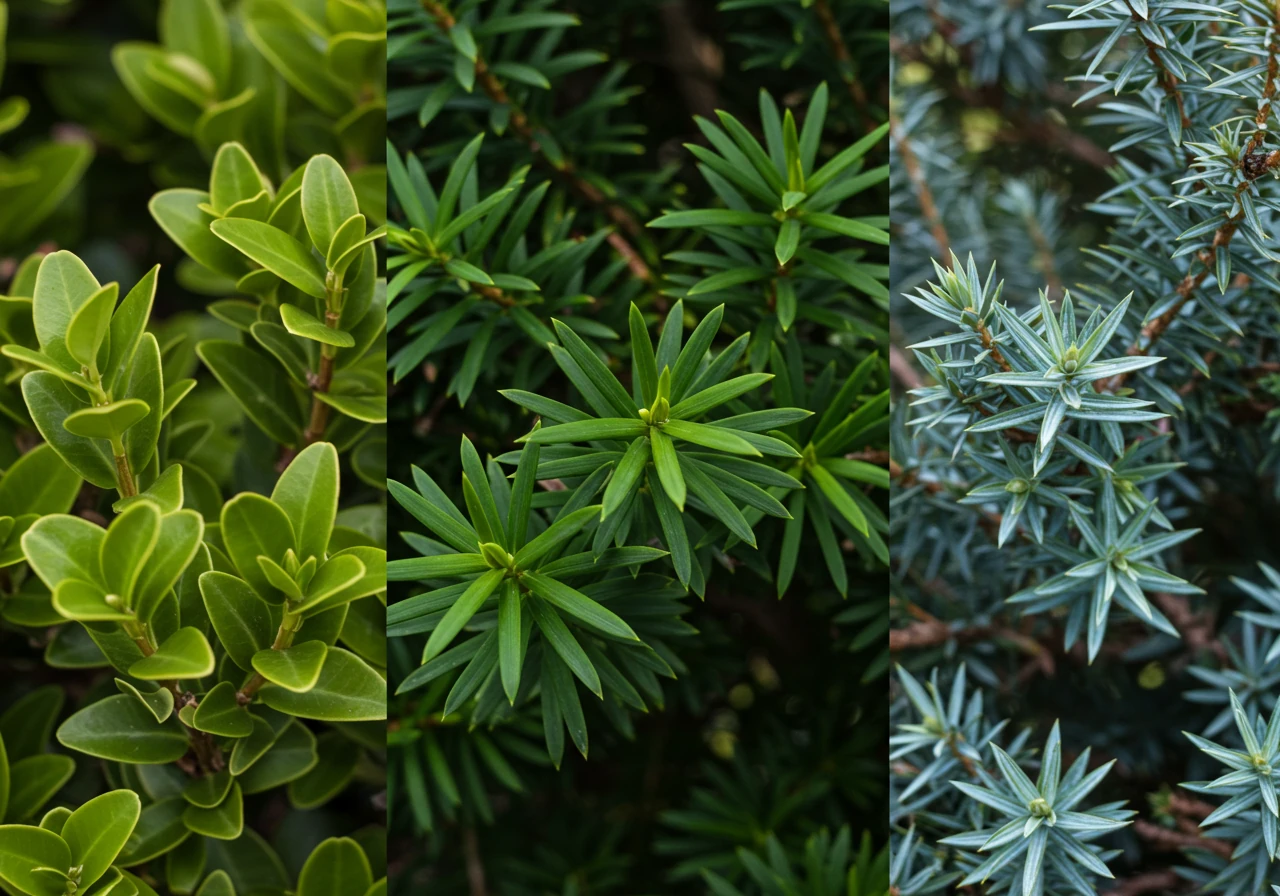 A close-up, detailed comparison shot showing the distinct foliage textures of the recommended evergreen shrubs (Boxwood, Yew, Juniper). This helps readers visualize the differences mentioned and aids in plant selection.