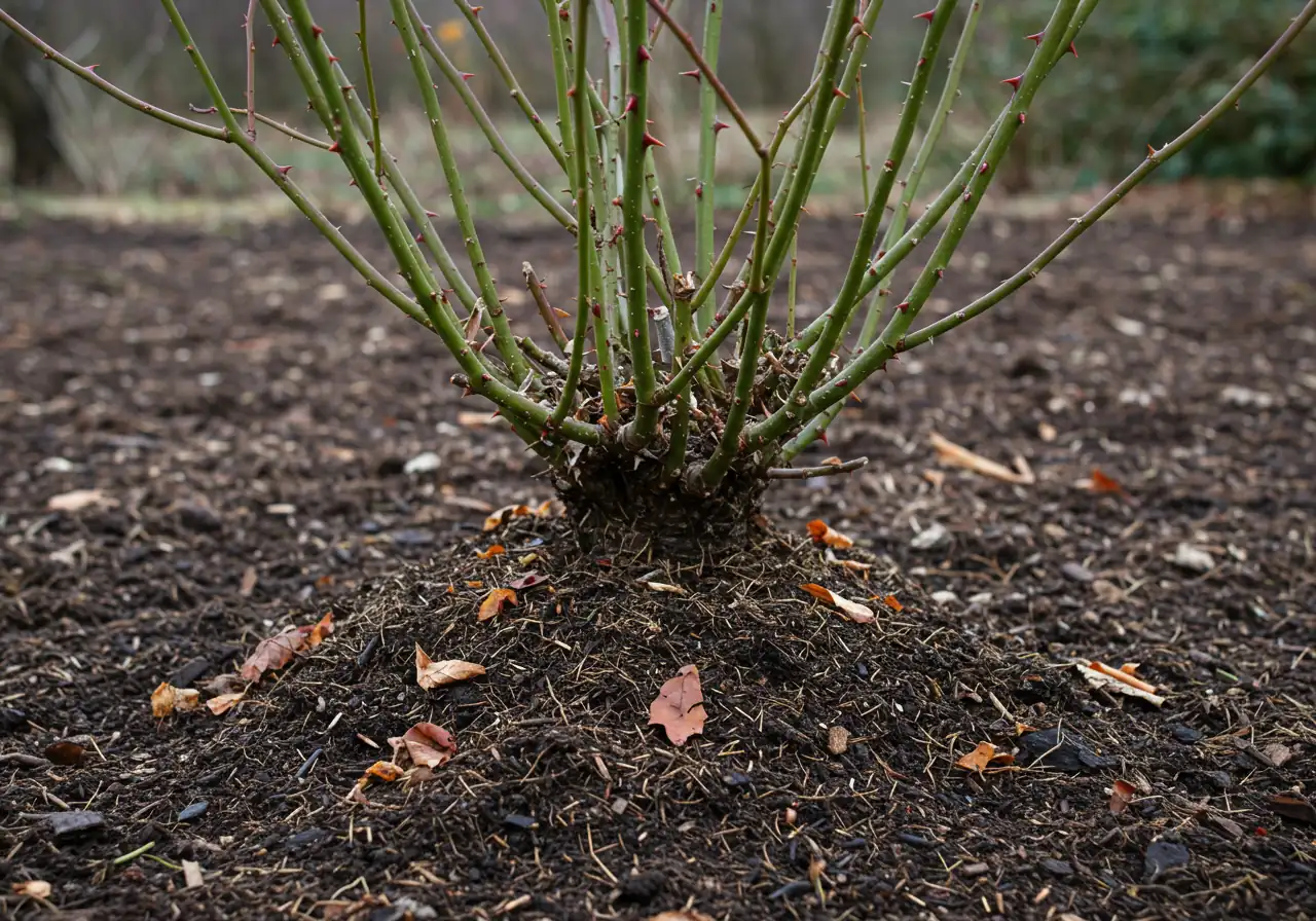 A clear photograph showing the base of a dormant rose bush after being properly mounded for winter. A generous cone-shaped mound of dark compost mixed with shredded brown leaves rises 8-12 inches high, covering the lower canes and the graft union (if visible). The surrounding garden bed area is clean. Focus is on the texture and height of the protective mound.