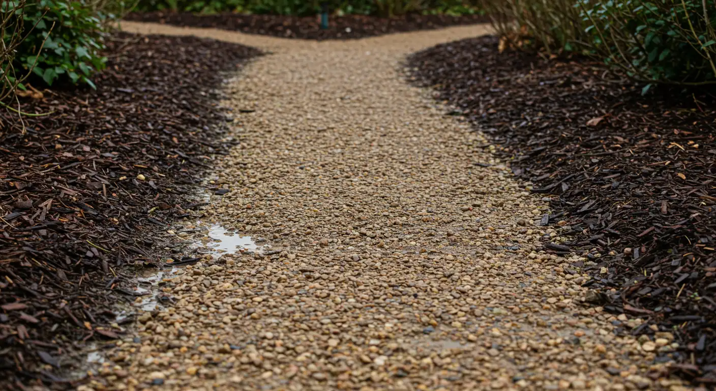 A clear visual example of minor spring erosion in a garden setting. Shows a slightly sloped pathway, perhaps made of gravel or mulch, with noticeable displacement after rain. Small rivulets of mud or washed-away mulch are visible on the path or banked against its edge, indicating the beginning of a washout problem. The surrounding plants look damp.