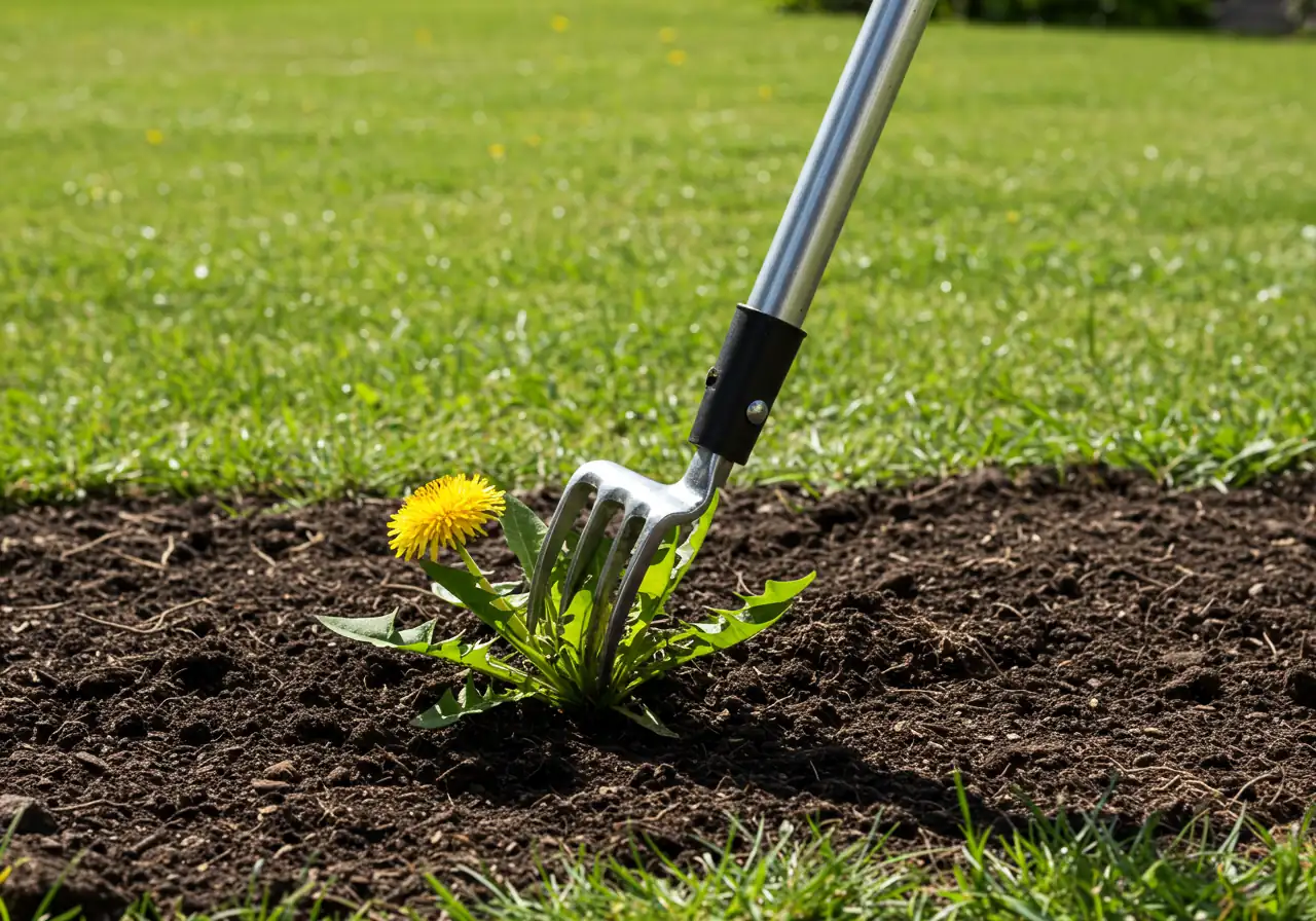 An image featuring a stand-up weeding tool positioned upright in a patch of garden soil, its prongs gripping a small weed. The focus is on the tool itself, implying its function of allowing weeding without bending over. Include some surrounding green foliage and dark soil to place it in context.