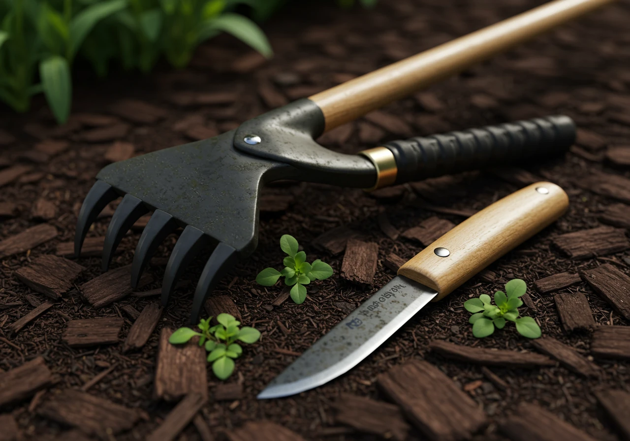 A detailed shot highlighting specific ergonomic weeding tools mentioned in the text. Features a long-handled stand-up claw weeder with a comfortable grip prominently displayed, alongside a Japanese Hori-Hori knife with its distinctive blade and wooden handle. The tools are resting neatly on a layer of dark wood mulch near a small patch of common garden weeds, illustrating their purpose.