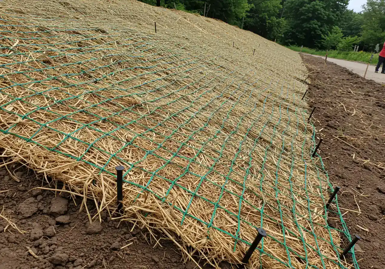 Visual aid for 'Erosion Control Blankets & Mats'. A clear image showing a section of a biodegradable erosion control blanket (e.g., straw or coir) correctly installed and staked down on a prepared soil slope, closely conforming to the ground's contours. Should highlight the texture of the blanket and how it holds the soil.