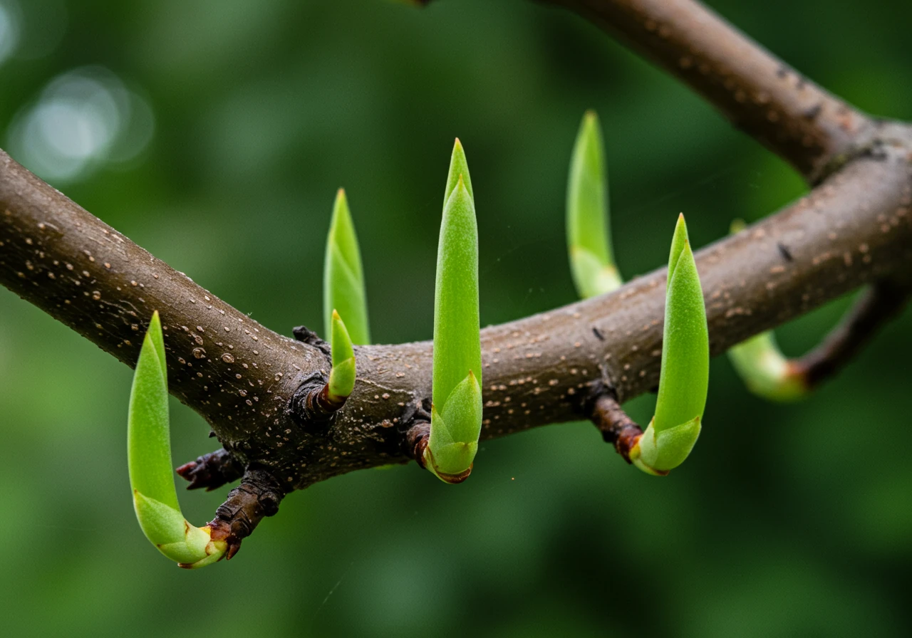 A clear image illustrating 'water sprouts' – the fast, vertical shoots mentioned that should be removed. Show these sprouts clearly growing from a main branch of a fruit tree or shrub.