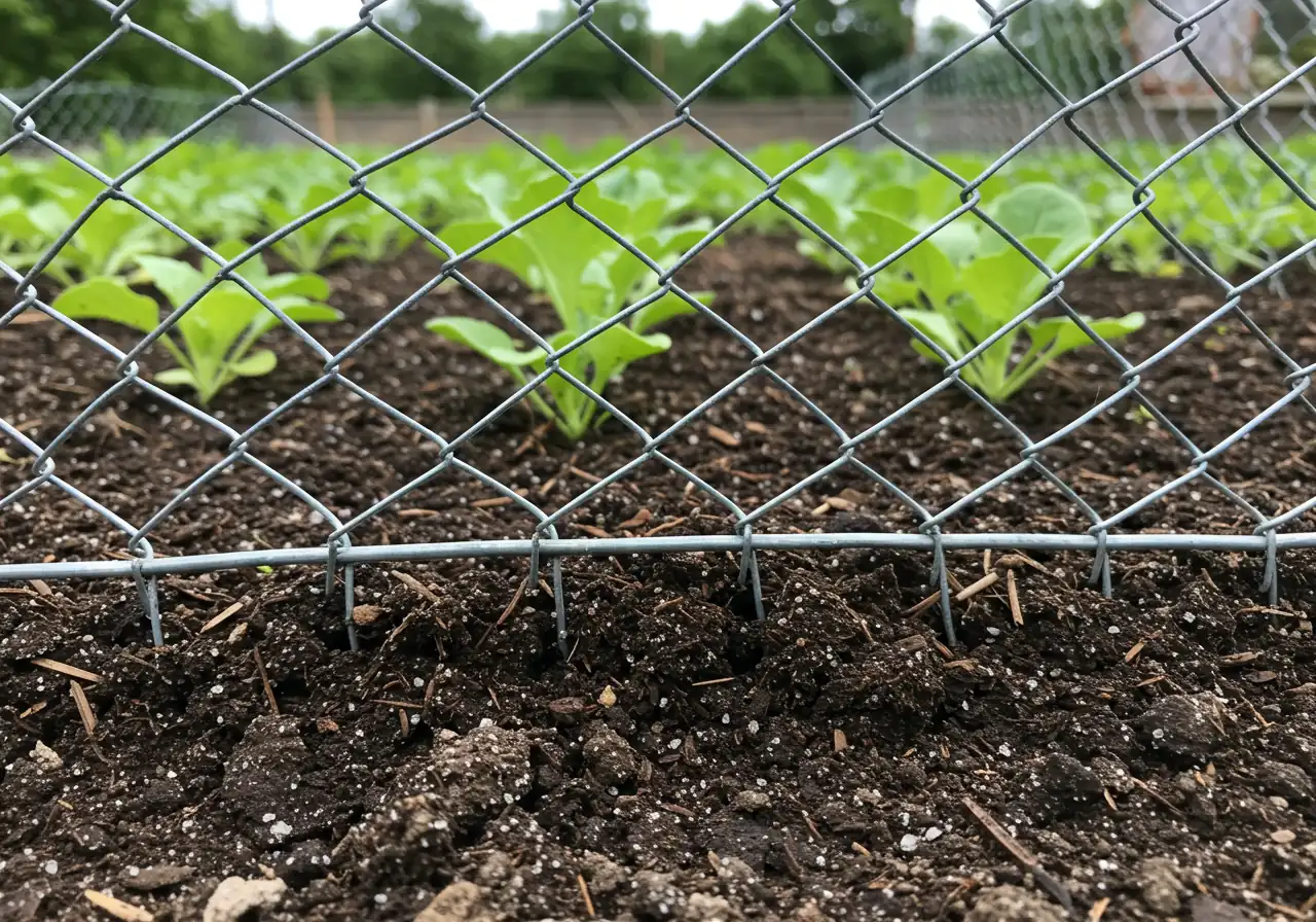 A clear photograph focusing on the base of a properly installed chicken wire fence around a garden bed. The image should clearly show the small mesh size and how the wire is buried slightly into the soil to prevent digging, illustrating the 'Fort Knox Approach'.
