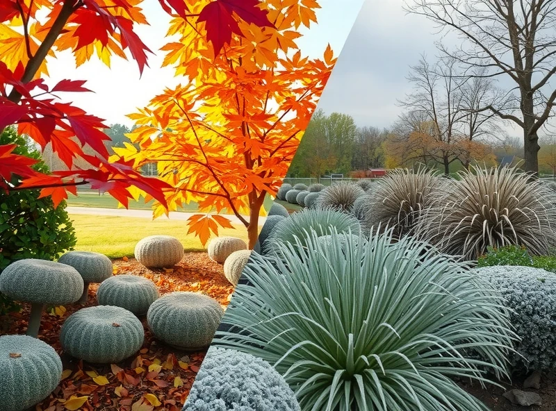 A split image. One side showing a garden with vibrant fall foliage (reds, oranges, yellows) on a sunny day. The other side showing the same garden, but with frost covering the plants and a dull, overcast sky. The split should be diagonal to add visual interest.