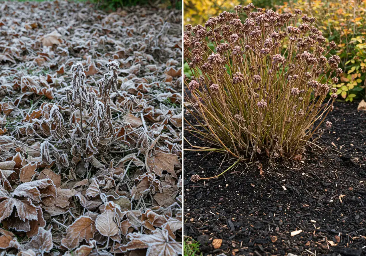A split image or contrasting scene. One side shows a messy garden bed in late fall with decaying leaves matted down, perhaps some dead annuals. The other side shows the same type of garden bed neatly cleaned, with perennials cut back (or some left standing for interest) and a fresh layer of dark mulch applied around the base of plants, looking tidy and protected.