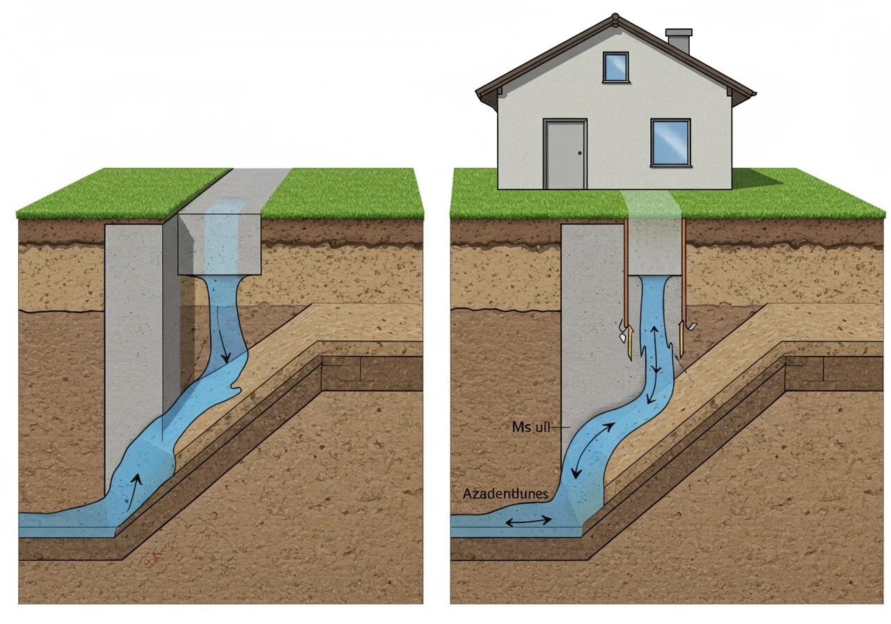 A clear illustration of correct vs. incorrect grading next to a house foundation. One side shows water pooling against the foundation (negative slope), and the other side shows the ground sloping gently away, directing water outwards (positive slope). No actual house, just the foundation and ground profile.
