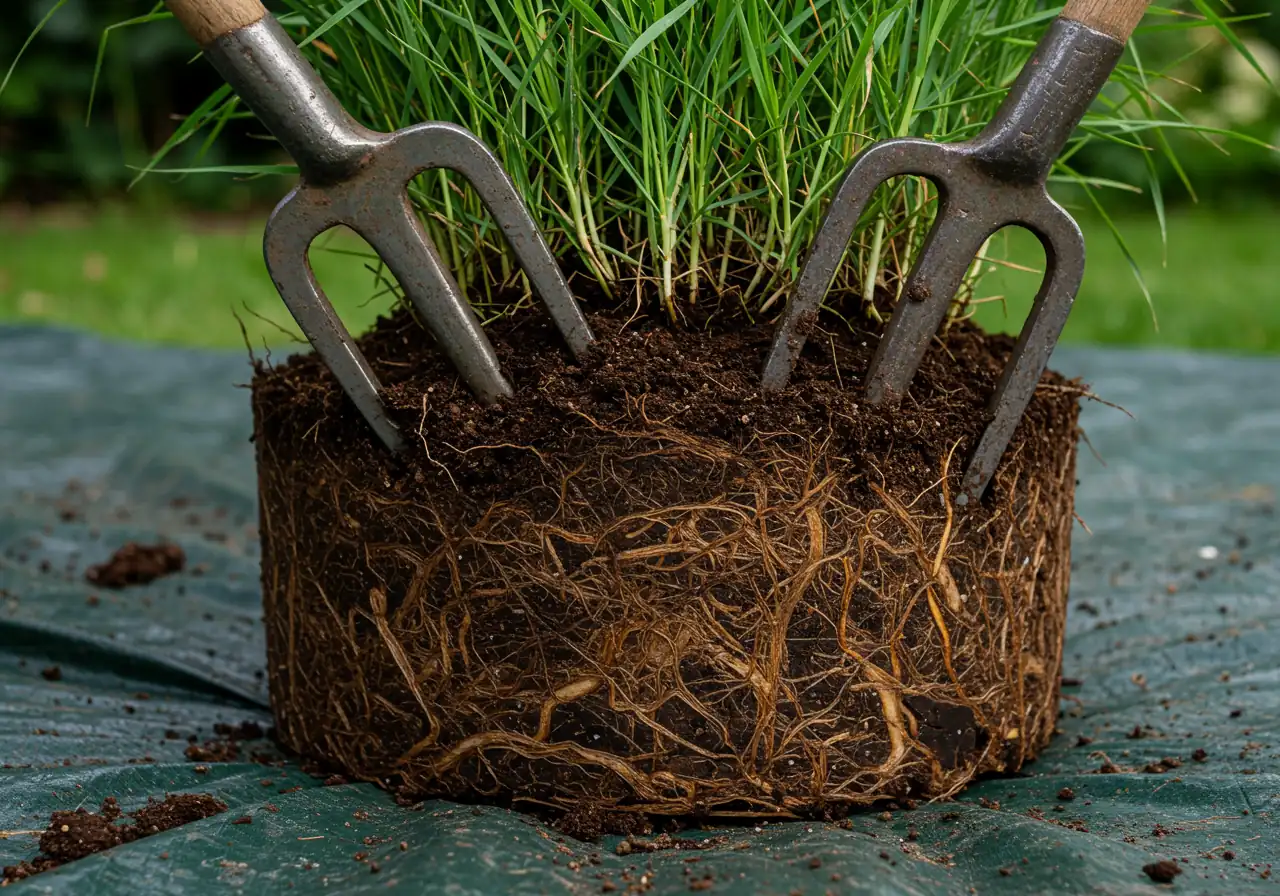 An action-implied shot showing the 'back-to-back fork' method on a large, excavated perennial clump (like an ornamental grass or large Hosta) resting on a tarp. The image should focus tightly on the two garden fork heads inserted back-to-back into the center of the root mass, demonstrating the leverage technique just before splitting, without showing any hands or people.