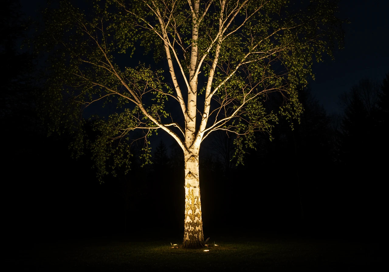 A dramatic nighttime image demonstrating the 'Uplighting' technique. The photo should focus on the base and lower trunk/canopy of a mature, interesting tree (e.g., birch or maple). A hidden light source at the base directs light upwards, accentuating the bark texture, branch structure, and creating dramatic shadows against the dark night sky.