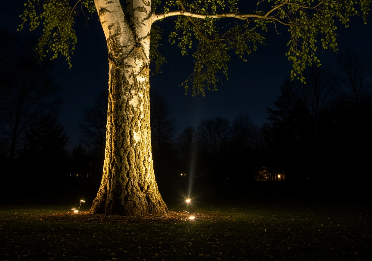 Dramatic uplighting on a feature tree. The image focuses on the base of a large tree with interesting bark, lit from below by a hidden spotlight. The light emphasizes the tree's texture and form, casting dramatic shadows upwards into the lower canopy against a dark sky.