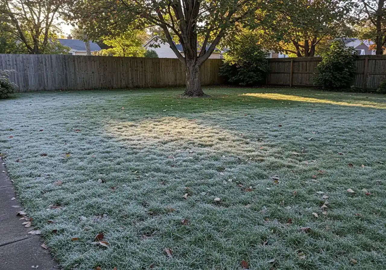 A photograph illustrating a microclimate effect on a lawn. It shows patchy frost settling unevenly across a single suburban lawn in late fall at dawn. The frost is heavier in slight depressions and near a fence's shadow, while areas under a tree or on higher ground remain greener, demonstrating localized temperature differences.