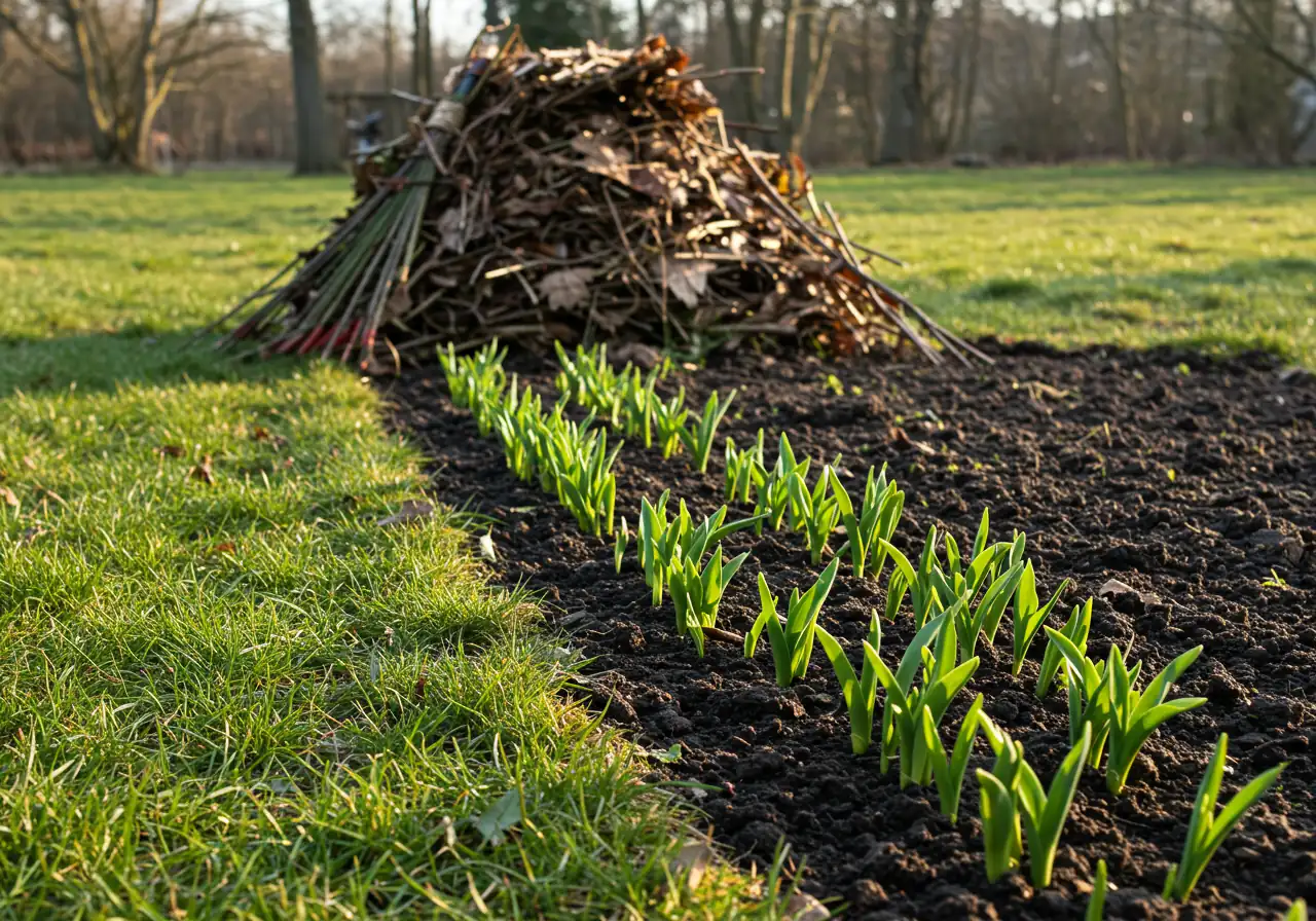 A visually appealing image showing a neat pile of raked leaves and small twigs beside a garden bed where small green perennial shoots are just beginning to emerge from the dark soil. This illustrates the 'Raking Gently' and 'Debris Disco' concepts.