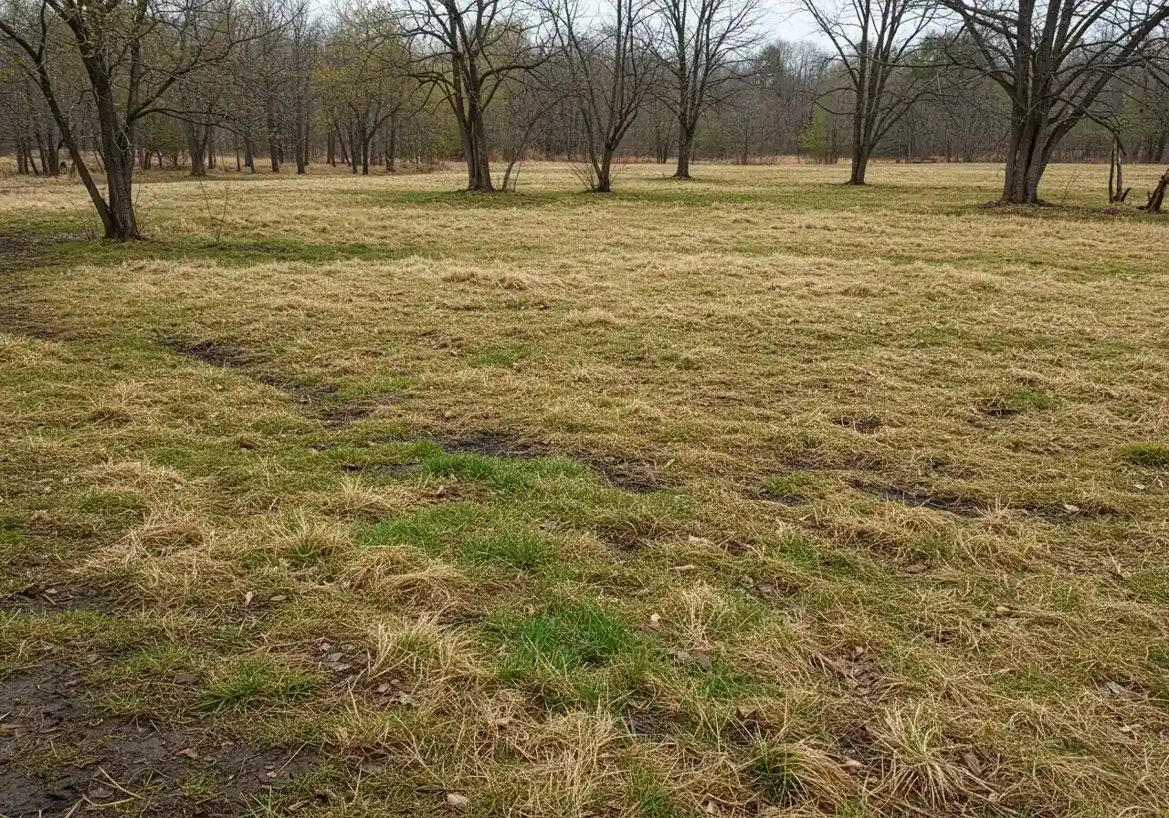 An early spring landscape scene in the Ottawa Valley after snow melt. Shows dormant grass starting to green, bare trees budding, soil visible (perhaps slightly damp), and clear potential for landscaping work. Focus is on the 'fresh start' potential of the season.