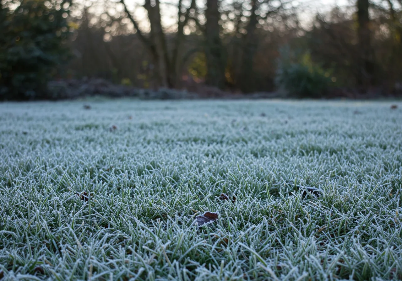 An early spring morning photograph capturing a subtle temperature difference in a garden. In a low-lying area in the foreground, delicate white frost lightly covers the dormant grass blades and soil. Further back, perhaps on a slight incline or closer to a house foundation, the frost has visibly melted, leaving the ground looking darker and damp. Soft, cool morning light emphasizes the contrast between the frosted and frost-free zones.